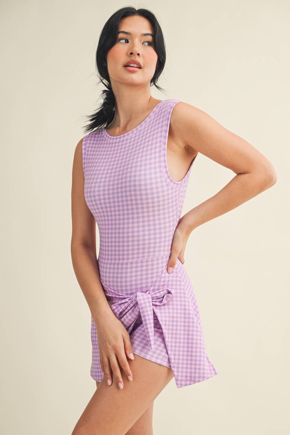 Purple Gingham Print Sleeveless Wrap Tie Front Dress