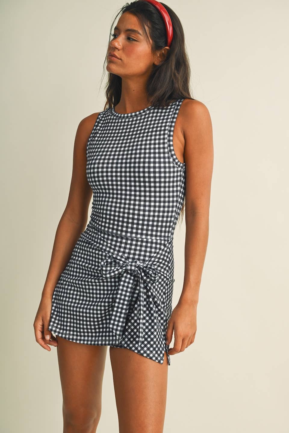 Gingham Print Sleeveless Wrap Tie Front Dress