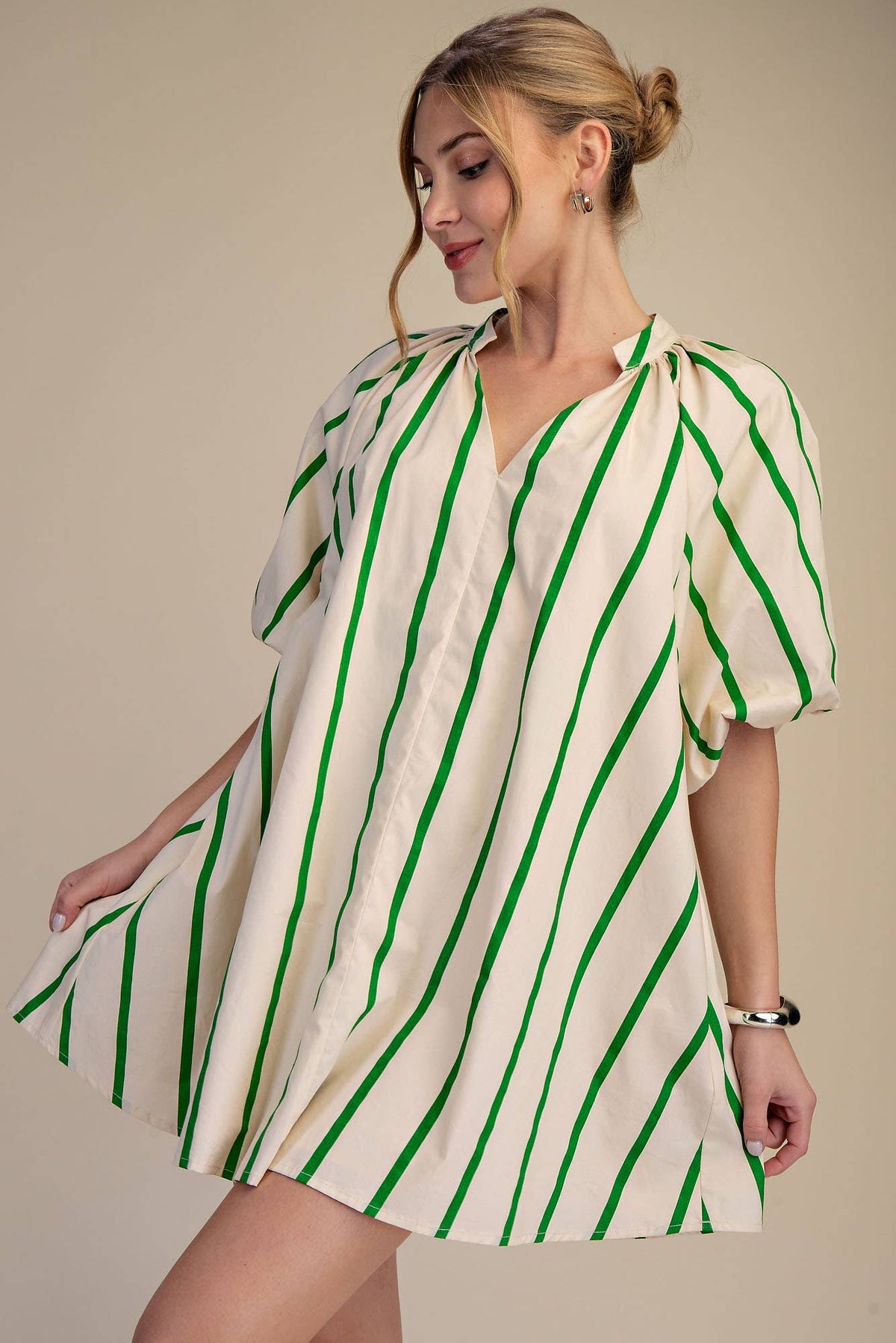 Puff-Sleeve Stripe Mini Shift Dress