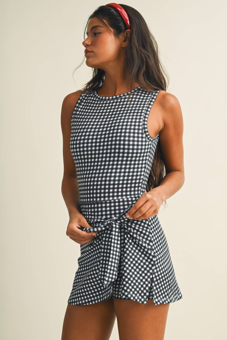 Gingham Print Sleeveless Wrap Tie Front Dress