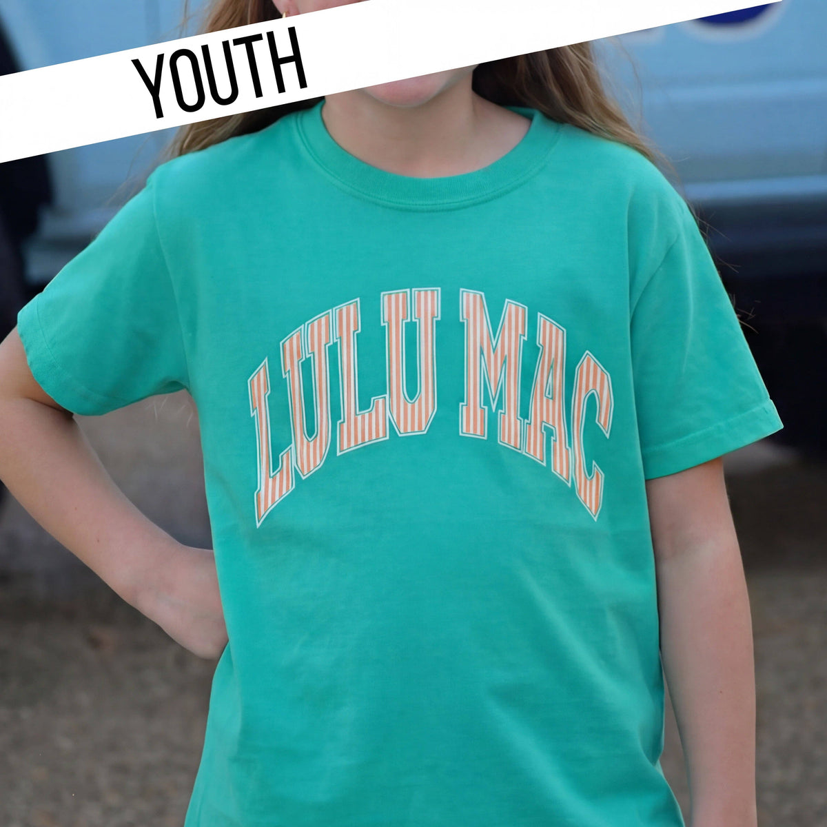 Lulu Mac Youth Stripe Cream Sickle Sky/Island Green Comfort Colors Tee