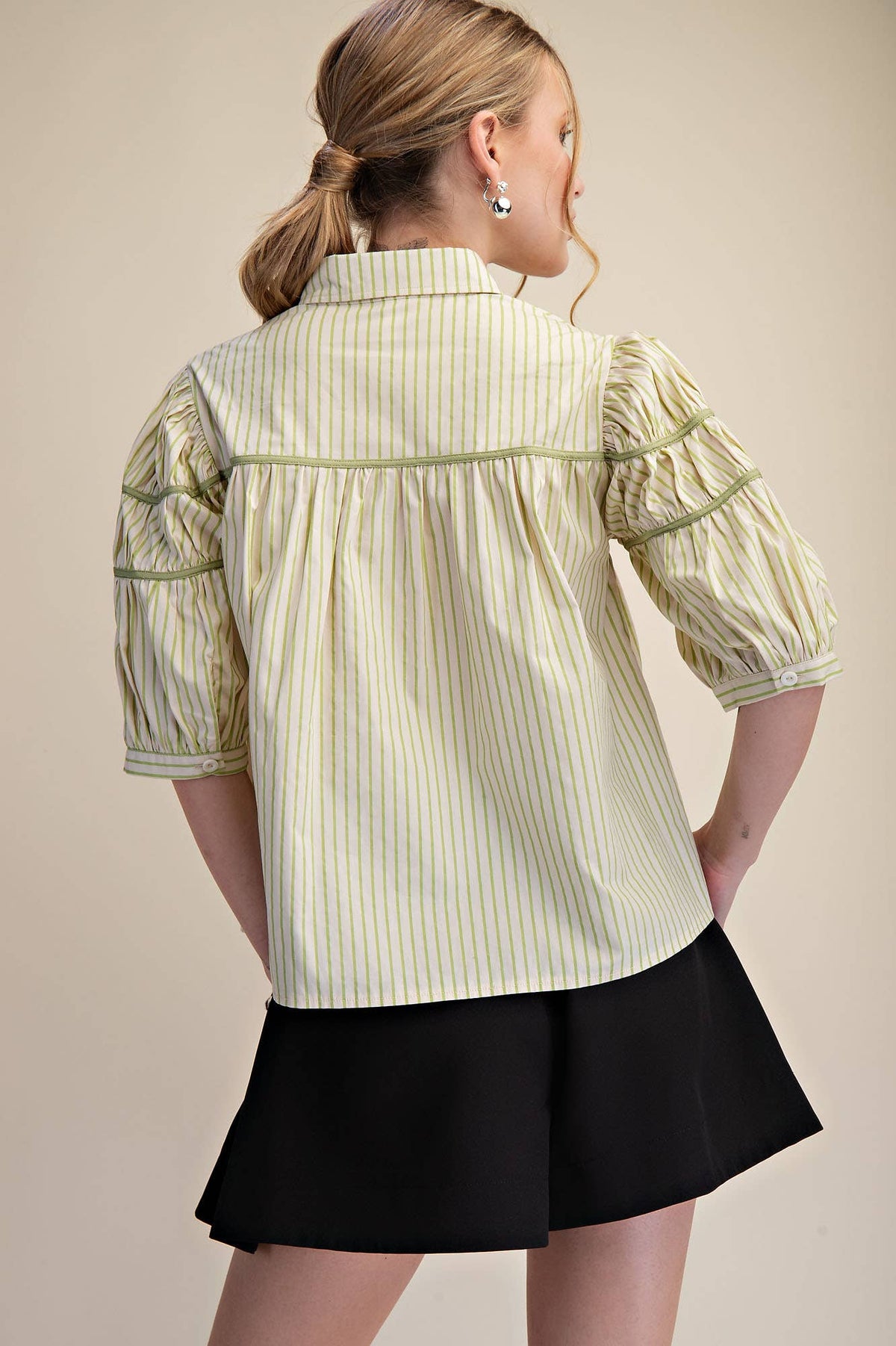 Puff Sleeve Contrast Detail Stripe Shirt Top