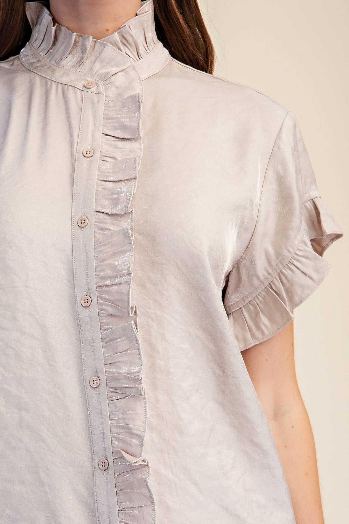 Ruffle Shirt Glitter Fabric Button Down Short Sleeve