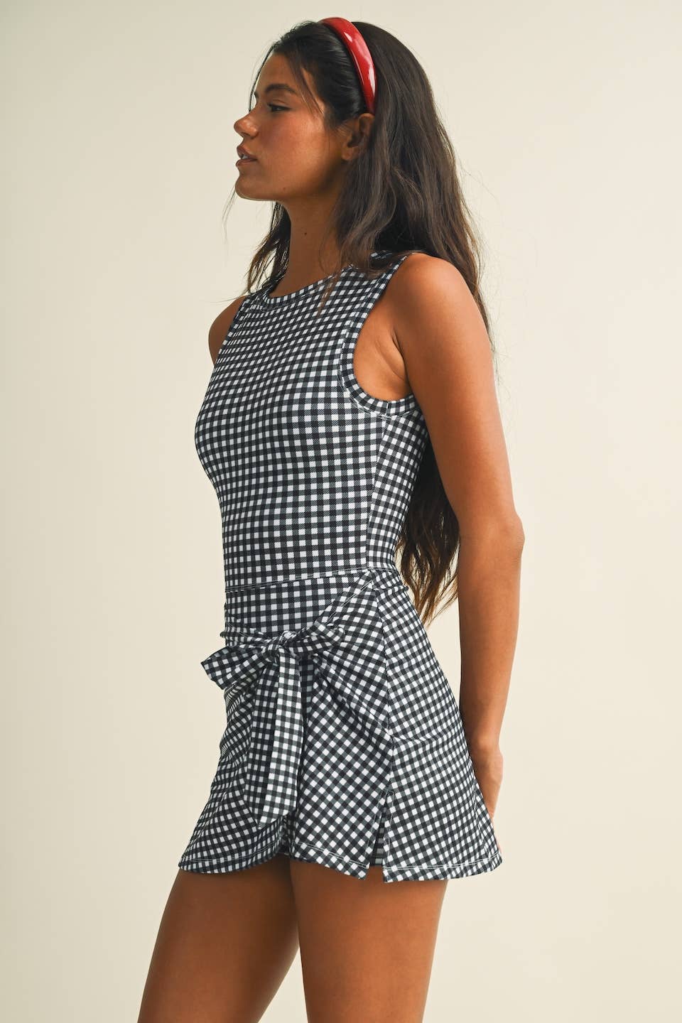 Gingham Print Sleeveless Wrap Tie Front Dress