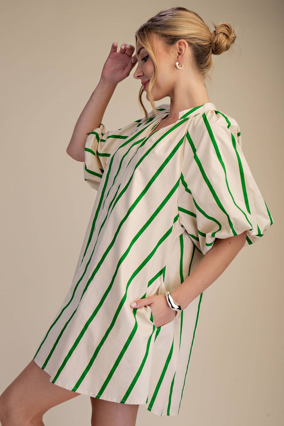 Puff-Sleeve Stripe Mini Shift Dress