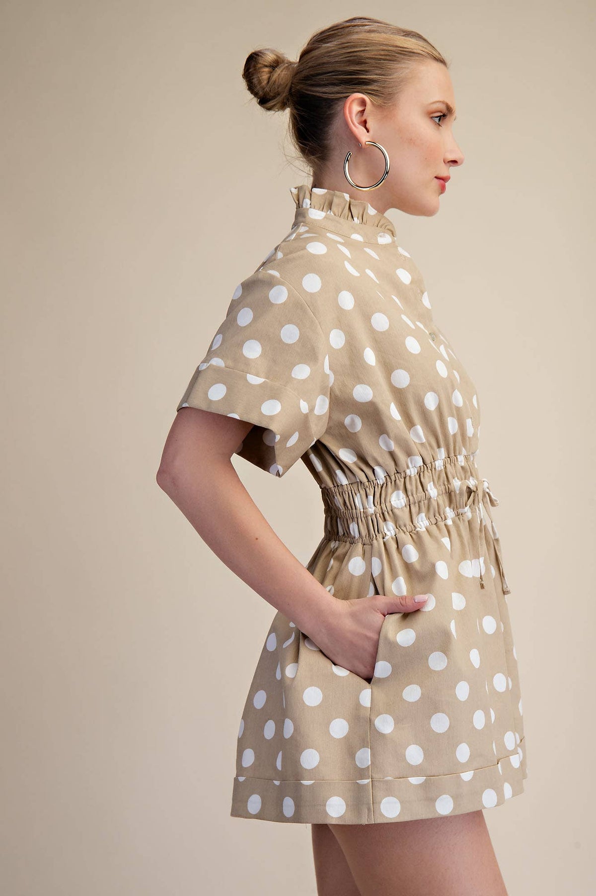 Taupe Neck Button Down Elastic Waist Romper