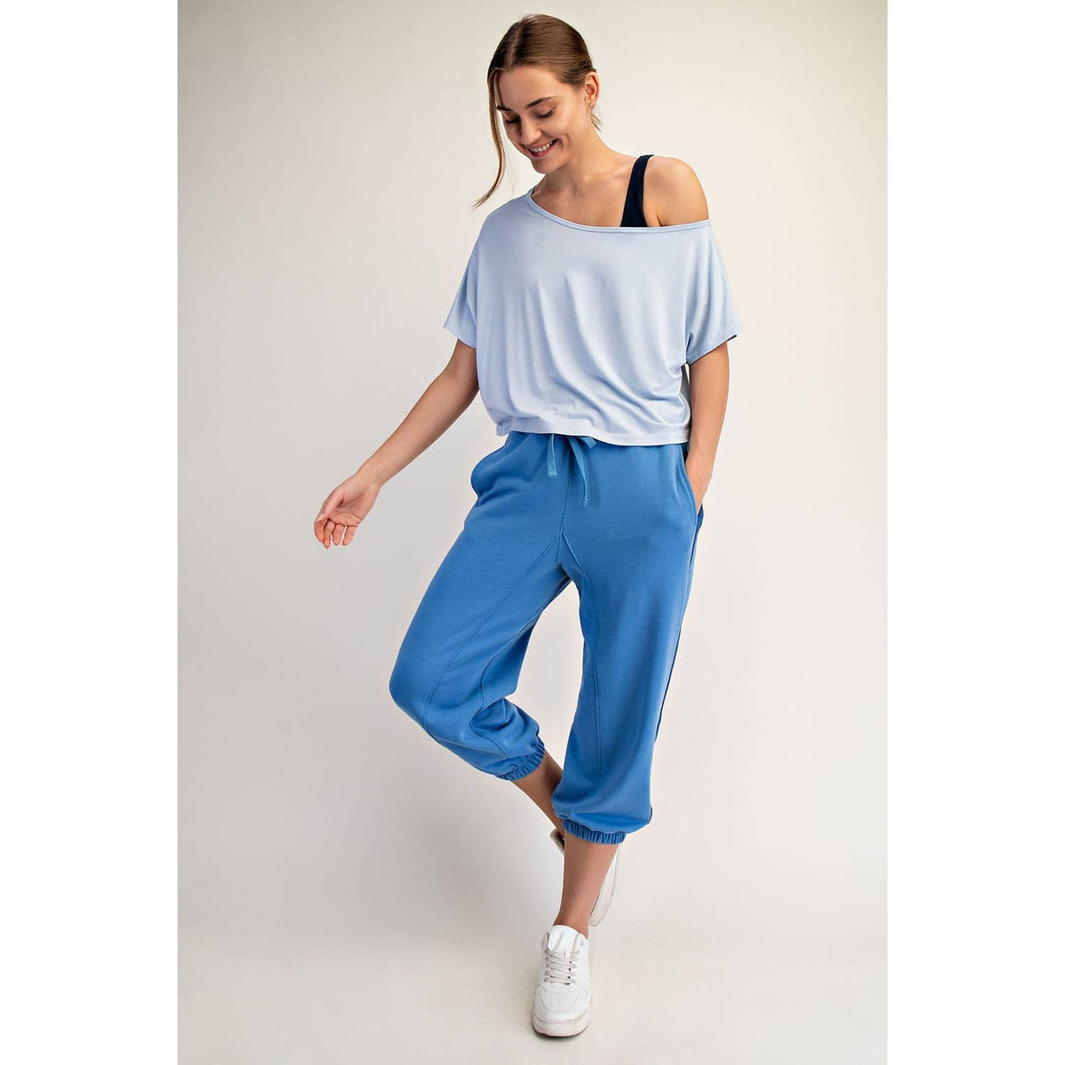 Blue VISCOSE MODAL CROPPED OFF SHOULDER TOP