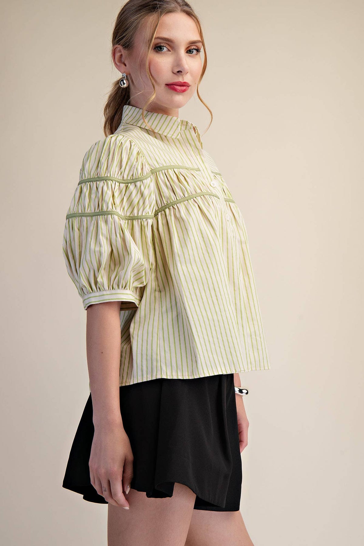 Puff Sleeve Contrast Detail Stripe Shirt Top