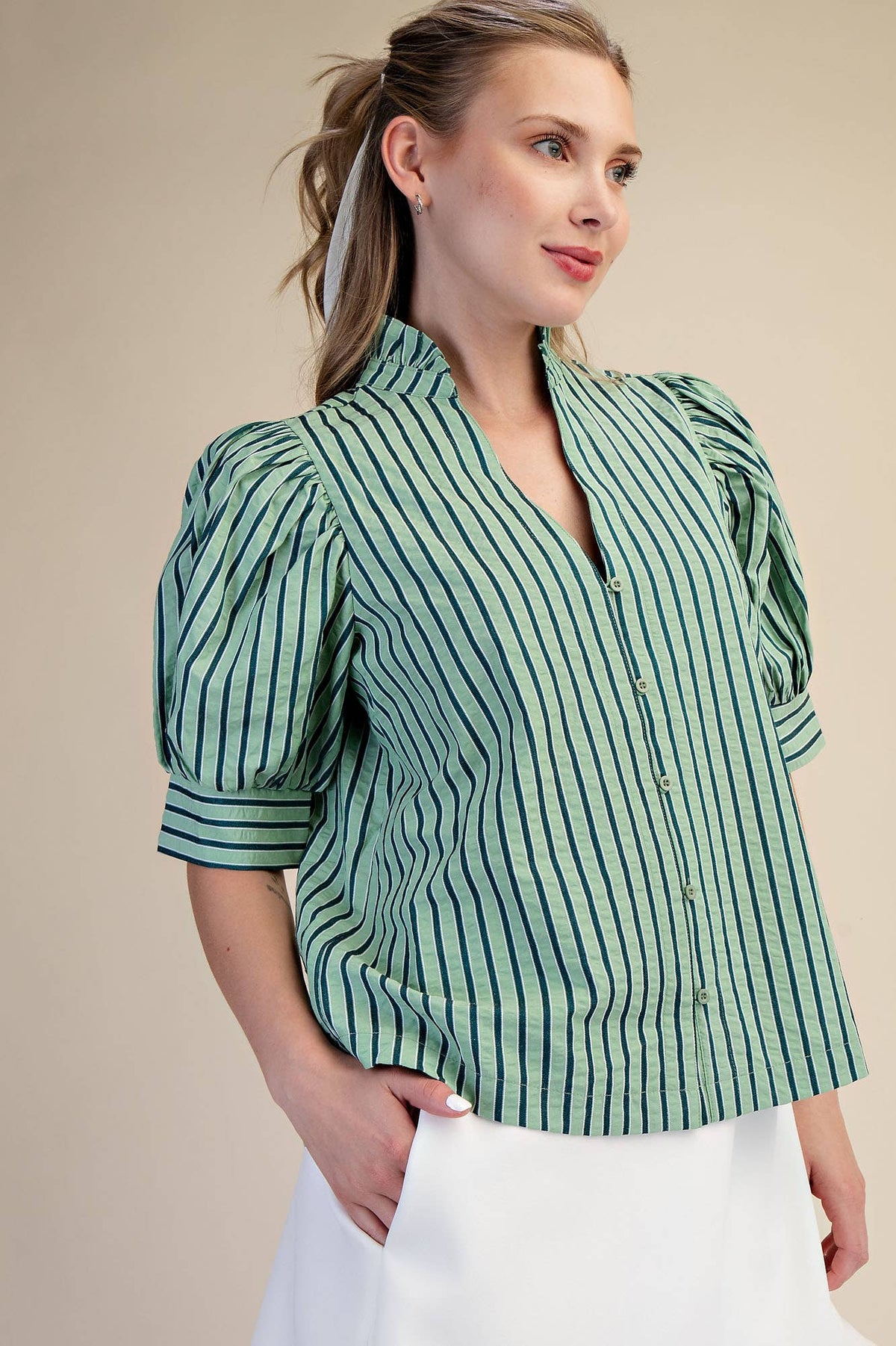 Ruffle V-neck Puff Sleeve Button Down Shirt