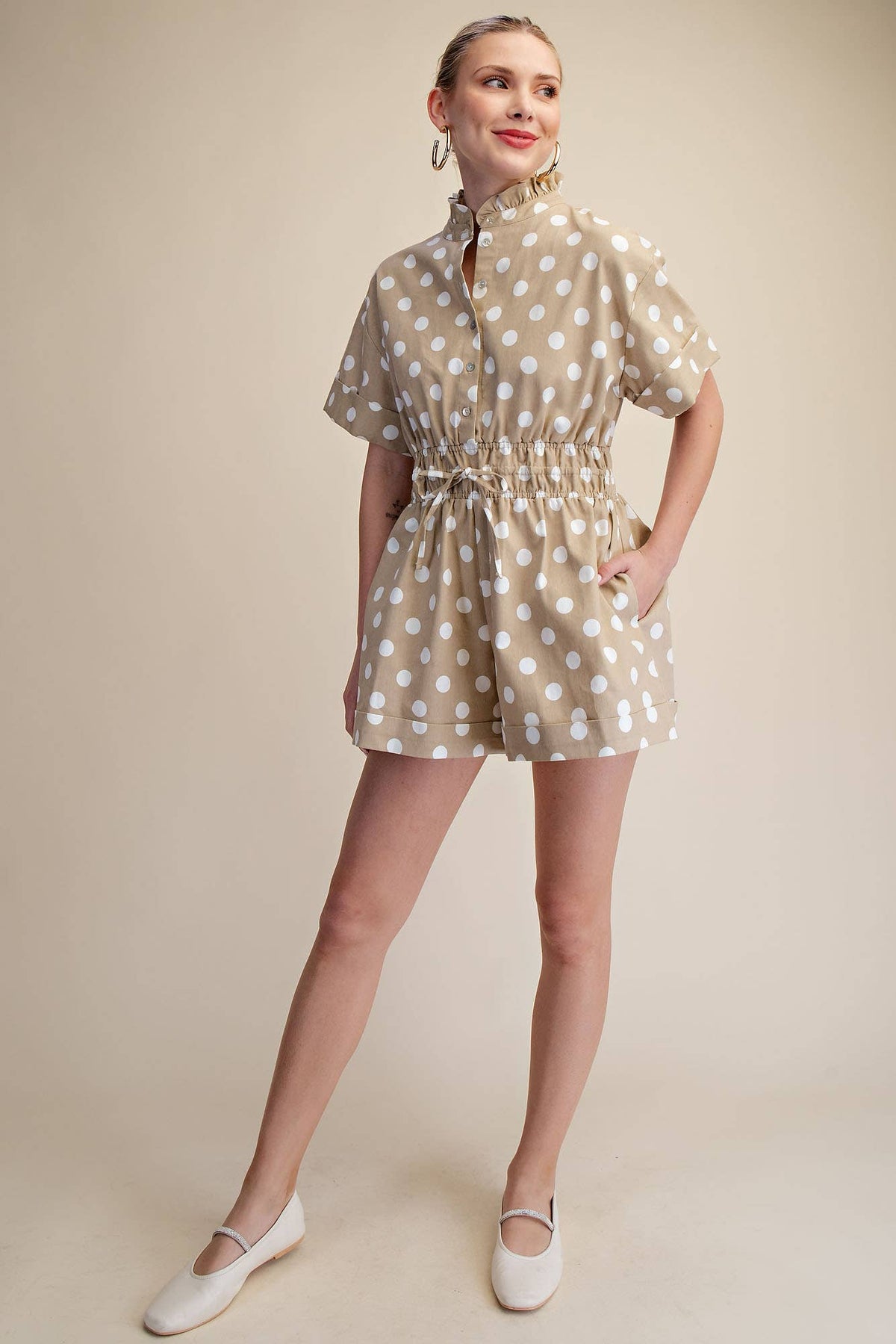 Taupe Neck Button Down Elastic Waist Romper