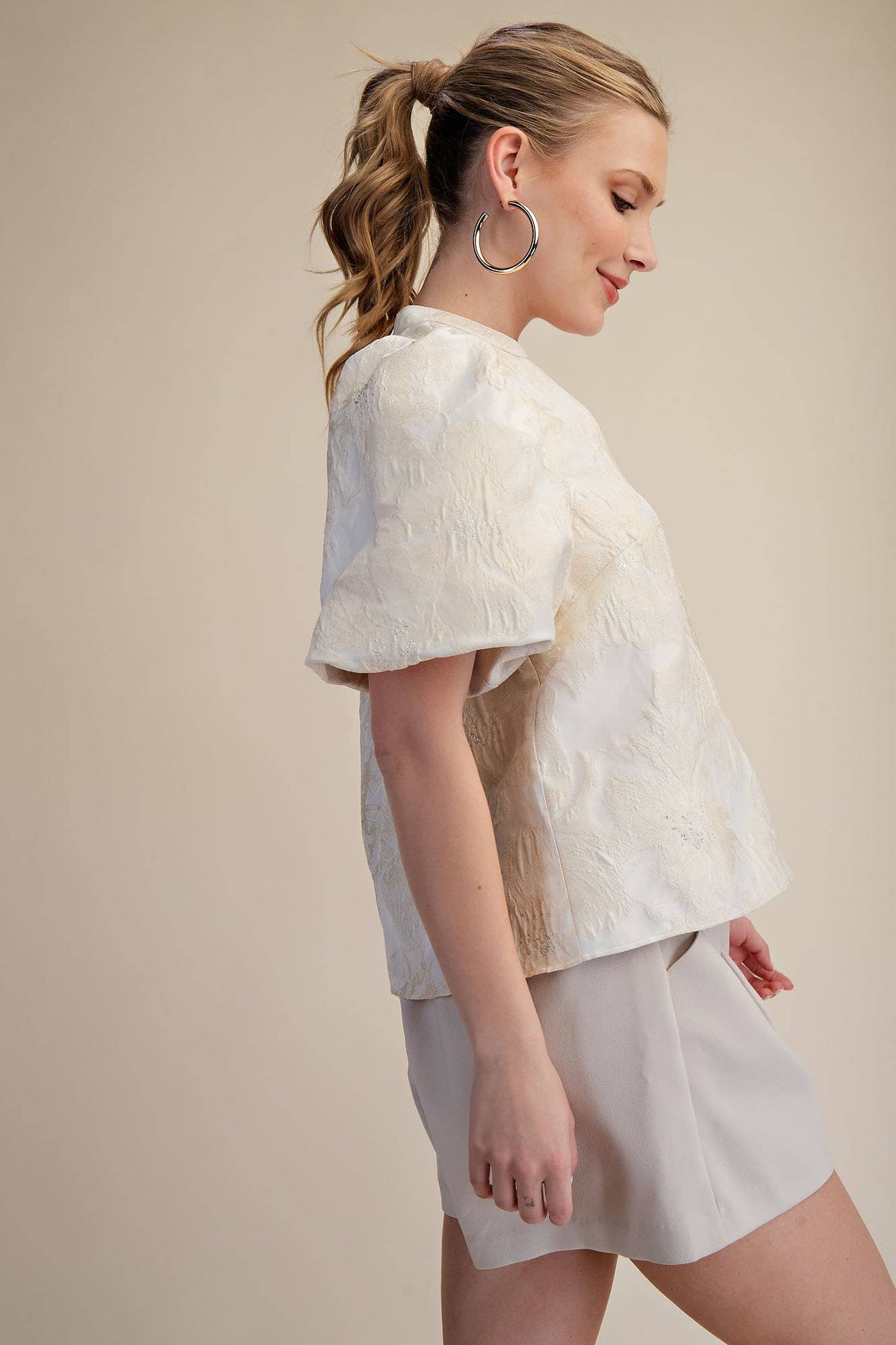 V-Neck Puff Sleeve Jacquard Top