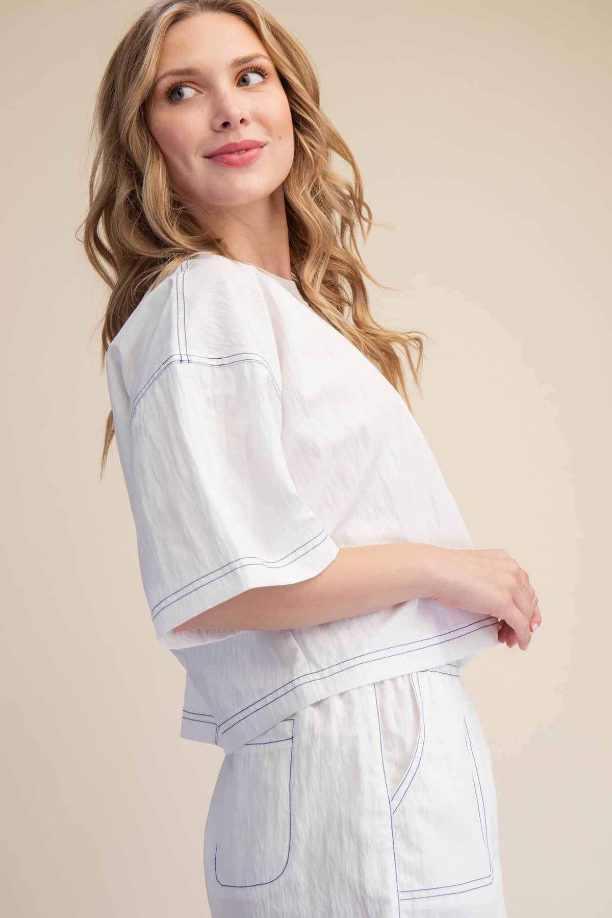 Round Neck Oversized Stitch Detail Crop Top