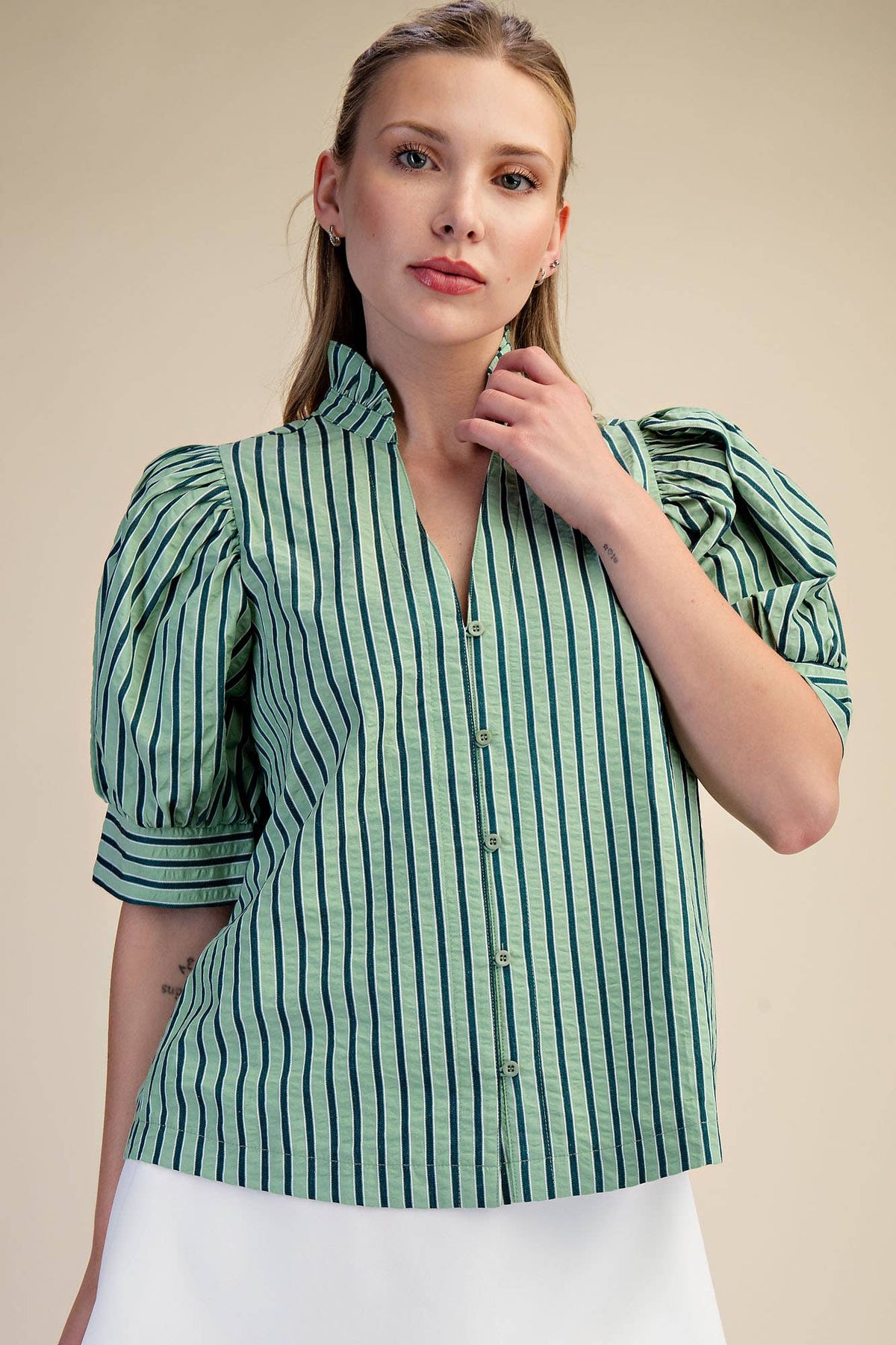 Ruffle V-neck Puff Sleeve Button Down Shirt