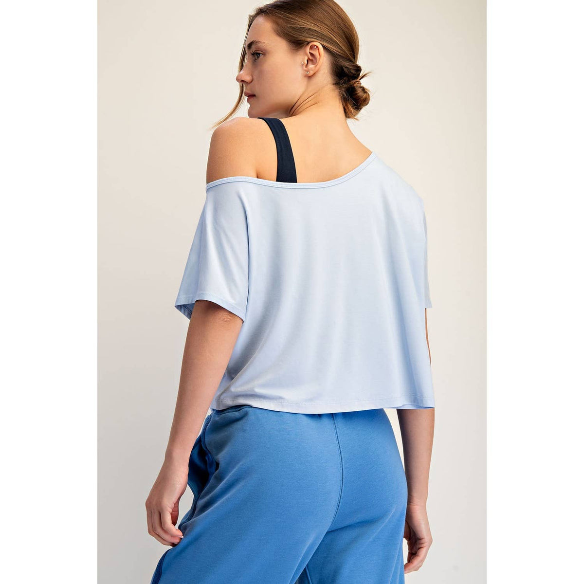 Blue VISCOSE MODAL CROPPED OFF SHOULDER TOP