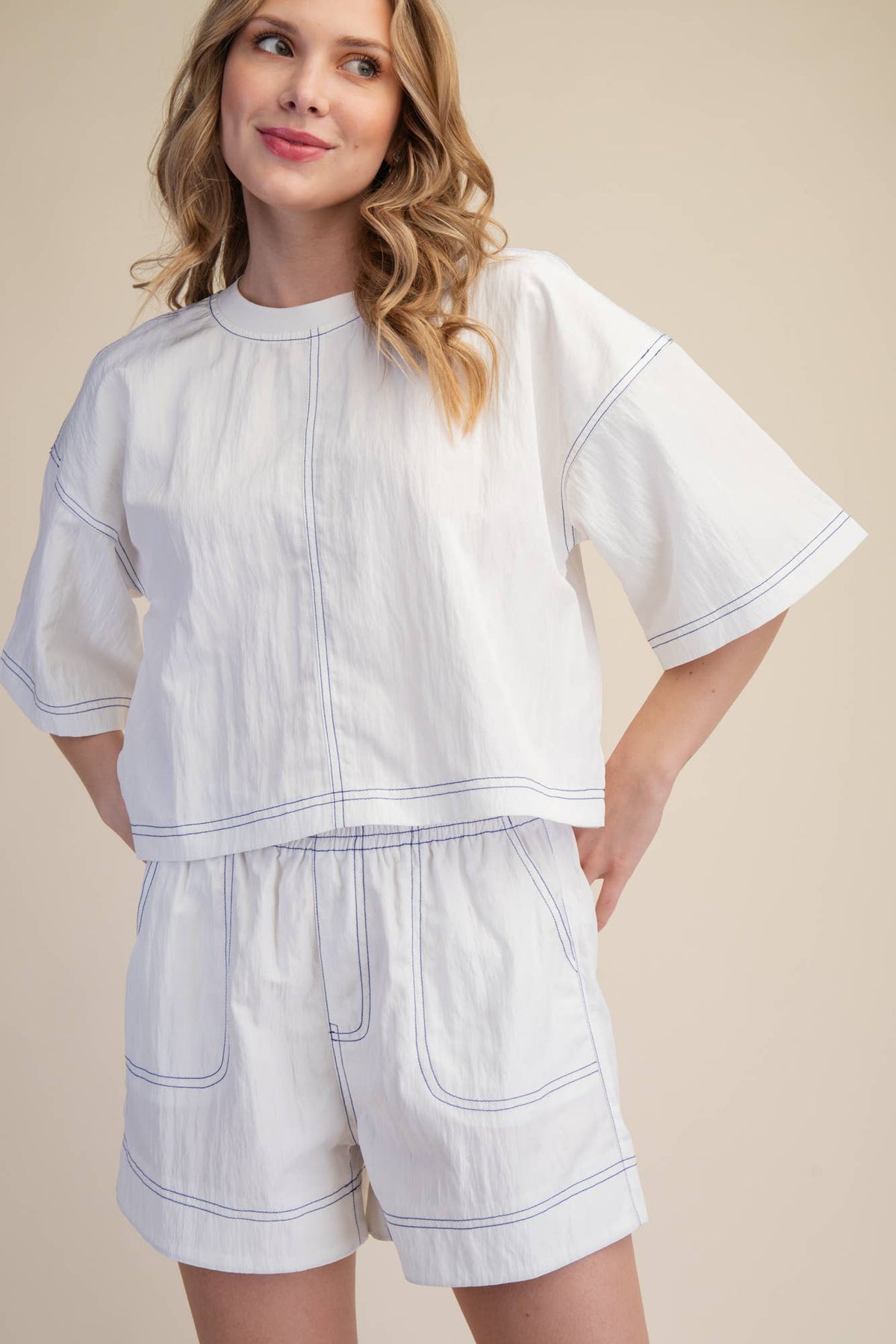 Round Neck Oversized Stitch Detail Crop Top
