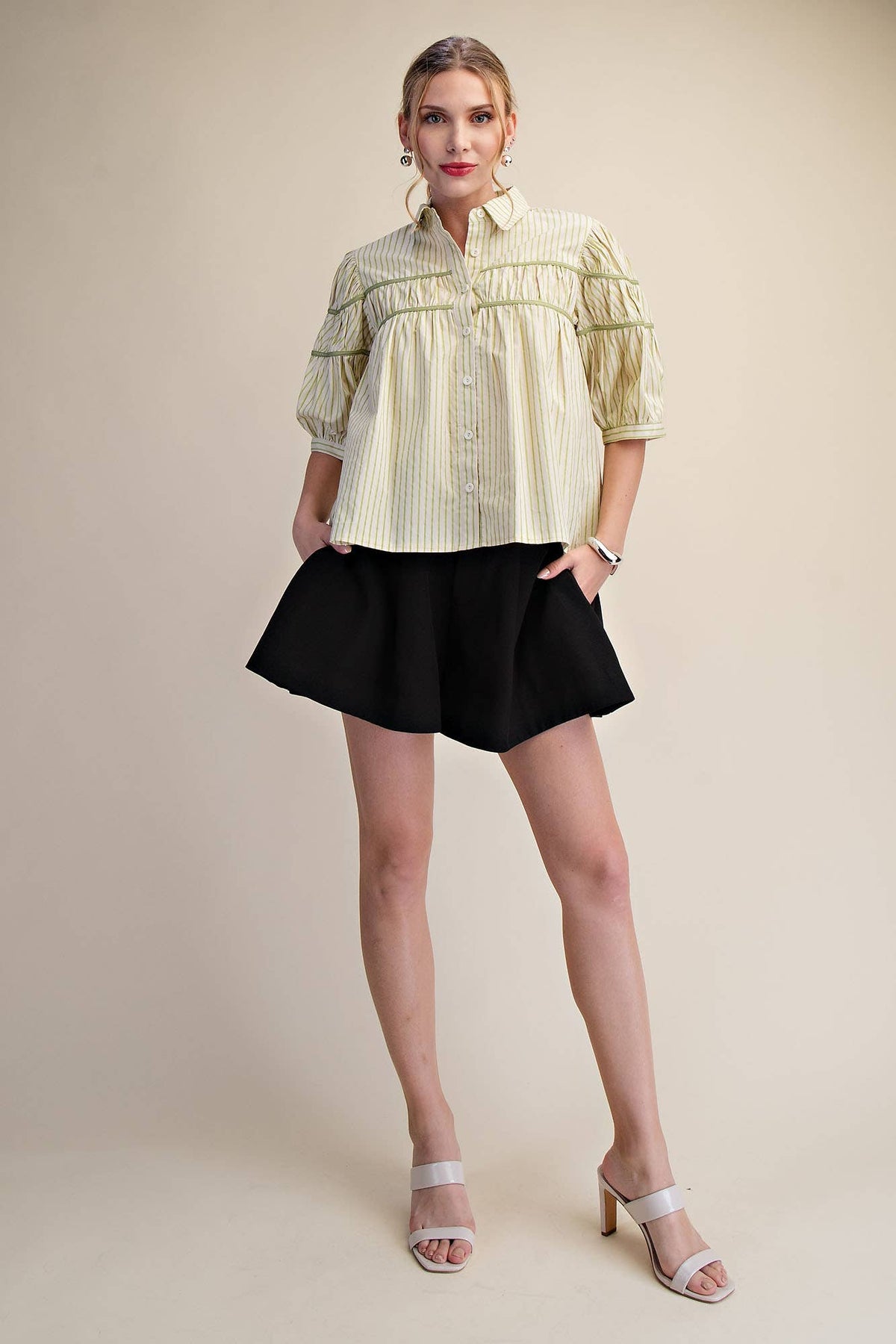 Puff Sleeve Contrast Detail Stripe Shirt Top