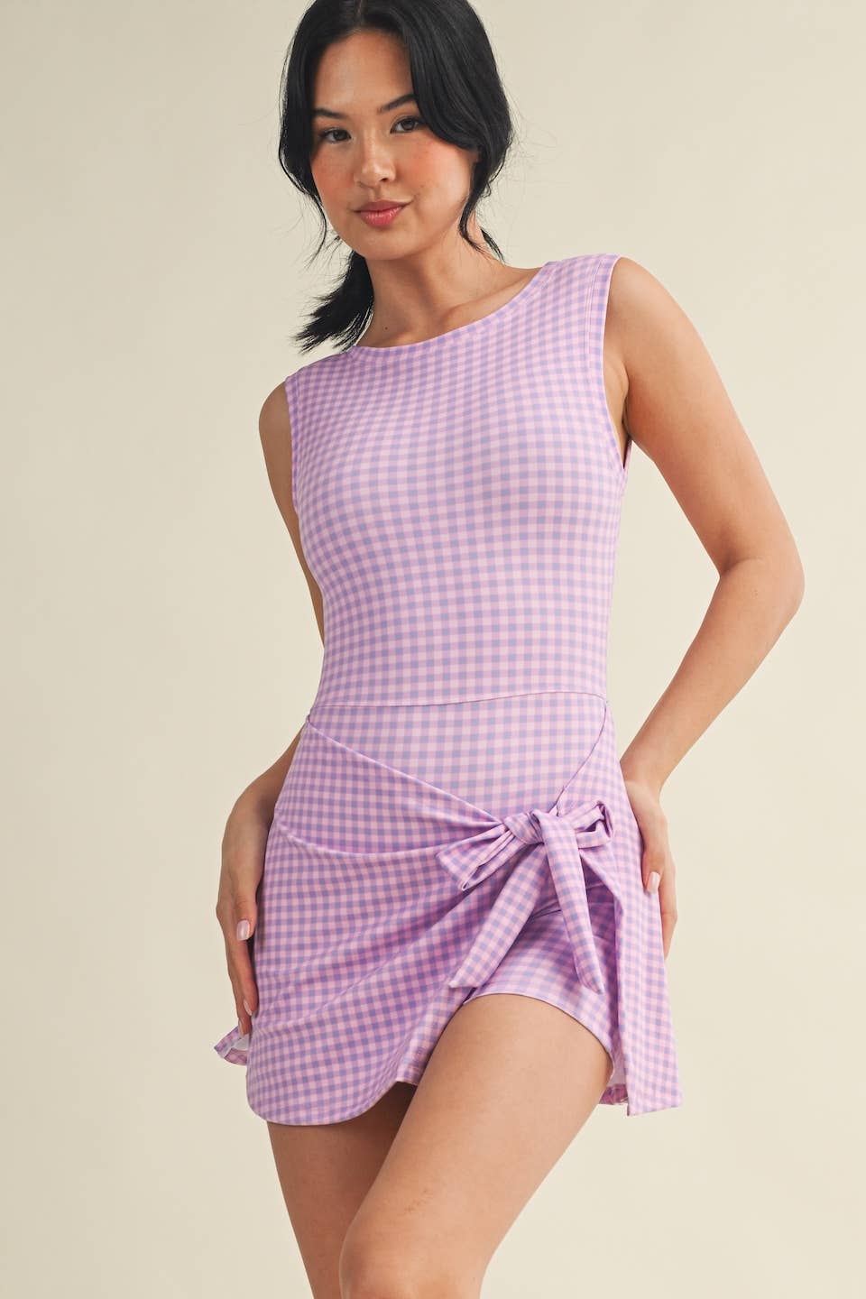 Purple Gingham Print Sleeveless Wrap Tie Front Dress