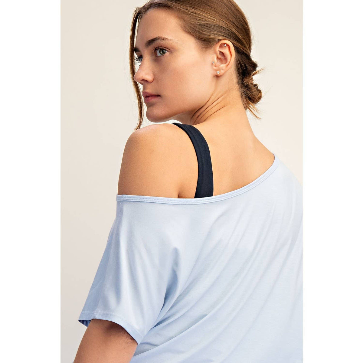 Blue VISCOSE MODAL CROPPED OFF SHOULDER TOP