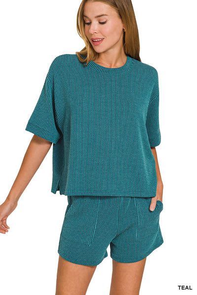 Teal Short sleeve ribbed set